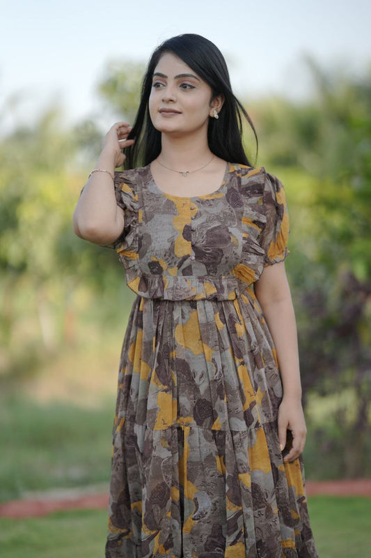 Yellow Bloom Pastel Petals Georgette Maxi Gown