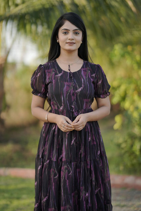 Berry Wine Printed Puff Sleeve Tier Dress