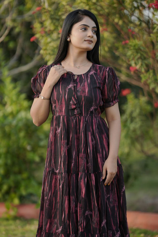 Maroon Printed Puff Sleeve Tier Dress