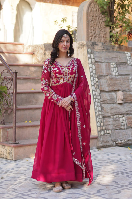 Crimson Glow Zari Gown