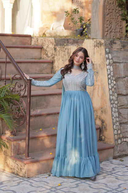 Azure Gulnar Blue Zari Embellished Maxi