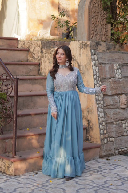 Azure Gulnar Blue Zari Embellished Maxi