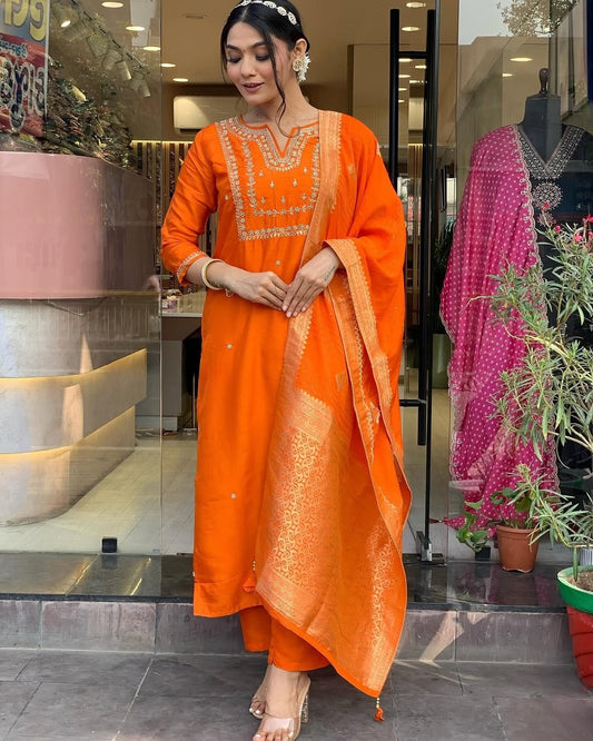 Orange Embroidered Kurti Set