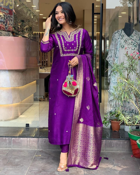Purple Embroidered Kurti Set