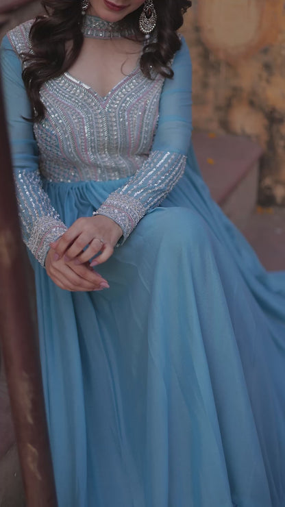 Azure Gulnar Blue Zari Embellished Maxi